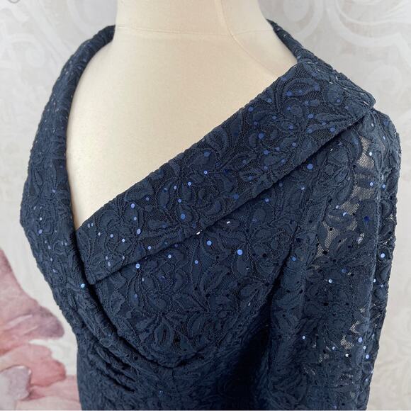 Tahari Arthur S. Levin Navy Sparking Lace Dress Size 10 - Picture 7 of 14